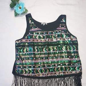 Multicolor Sequin Sleeveless Tank Top with Fringe
